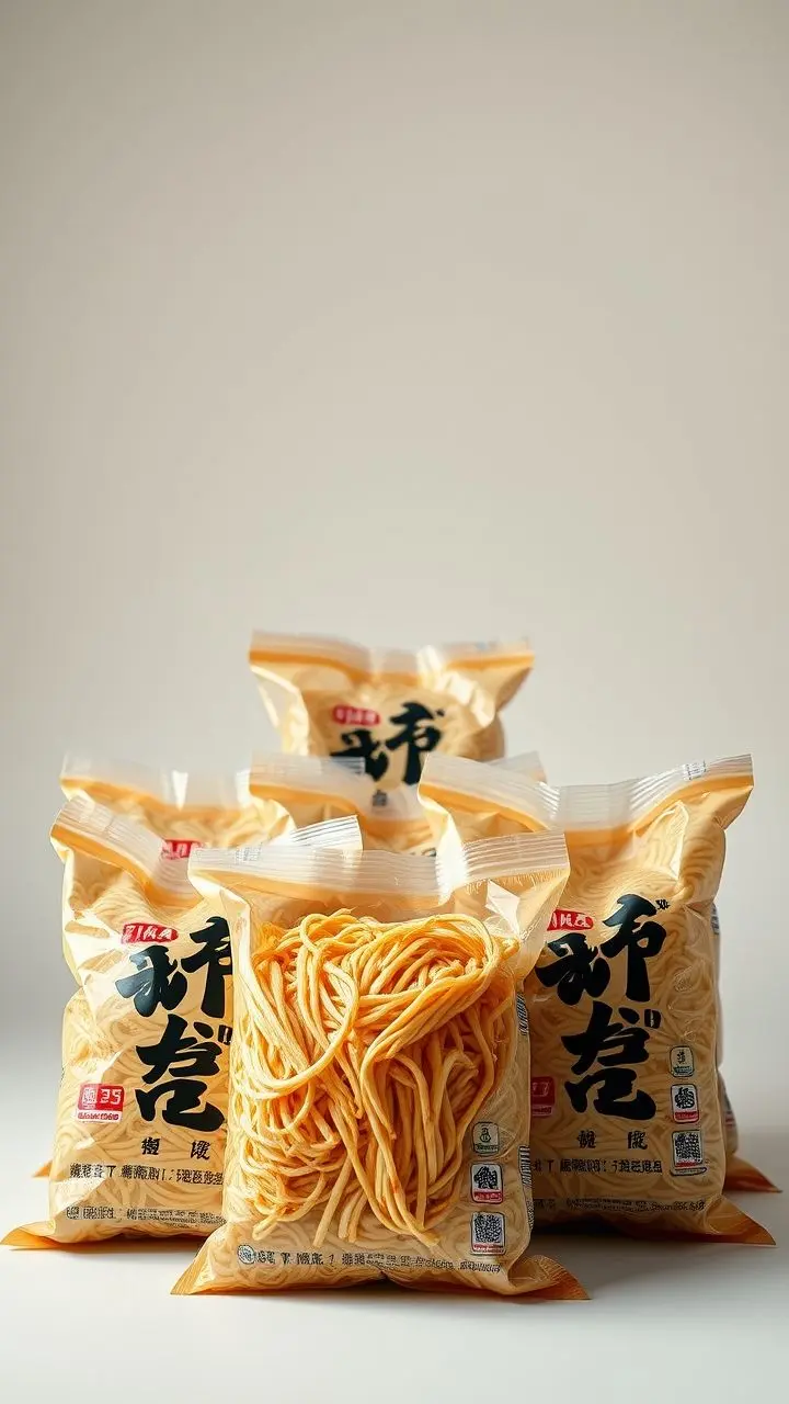 Seven bags of Liangpi noodles under soft lighting.