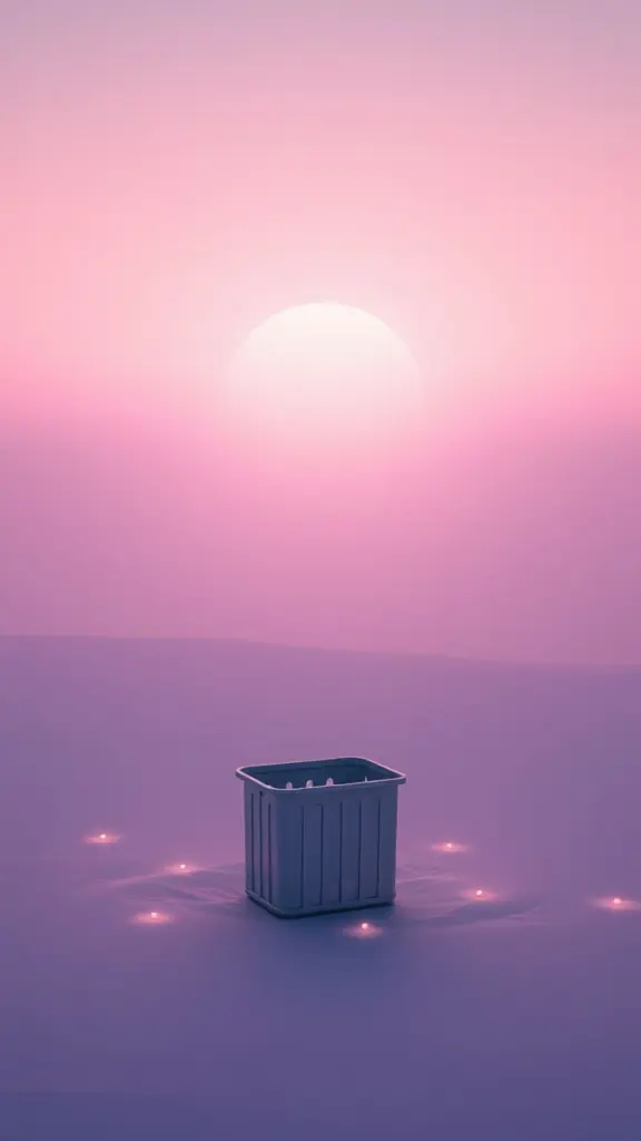 Vaporwave abyssal plain with bin and melting fireflies.