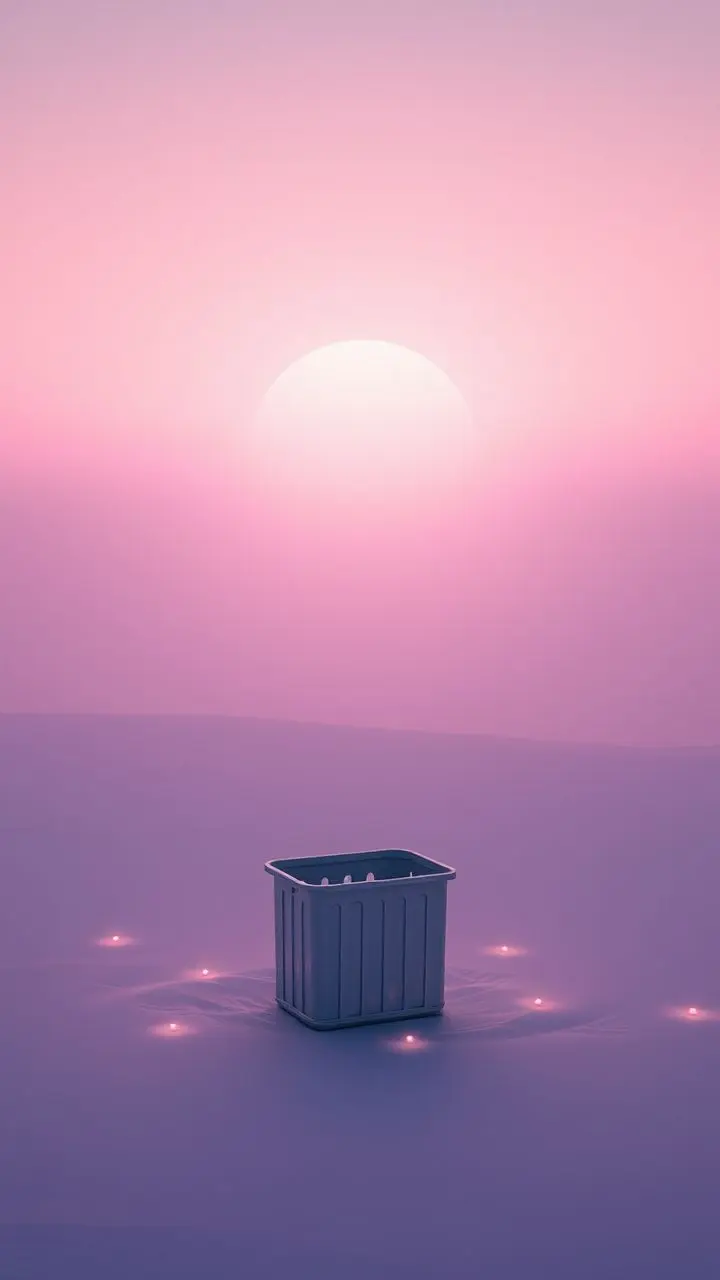 Vaporwave abyssal plain with bin and melting fireflies.