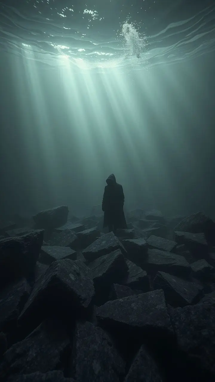 Monochrome dystopian ocean scene with a lone figure, Murray, amidst rubble and dim light.
