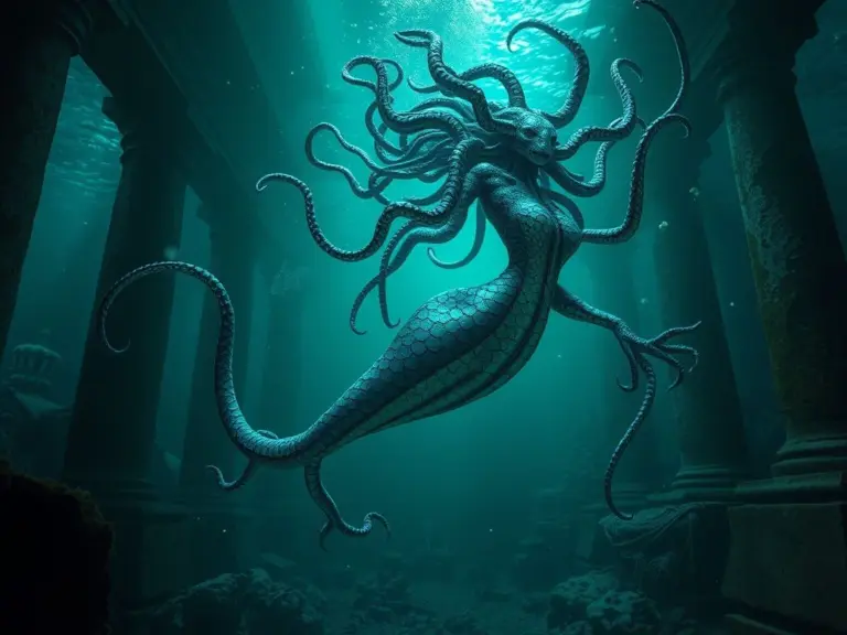 Underwater Medusa-like creature with tentacles and glowing scales.