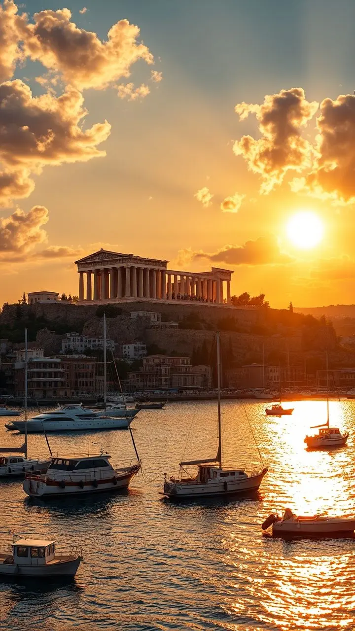 Panoramic view of the Acropolis and Athens harbor at sunrise, with pixelated sun rays and carbon footprint symbols in the clouds.