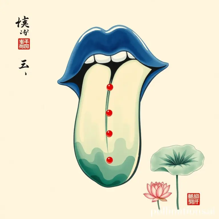 Ink painting of a tongue with meridians and acupuncture points, Poria cocos, and lotus leaves.