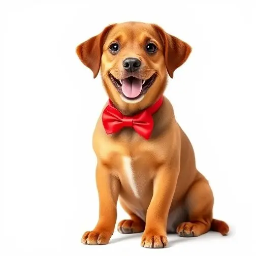 Brown dog with a red bowtie smiling for an ID photo.