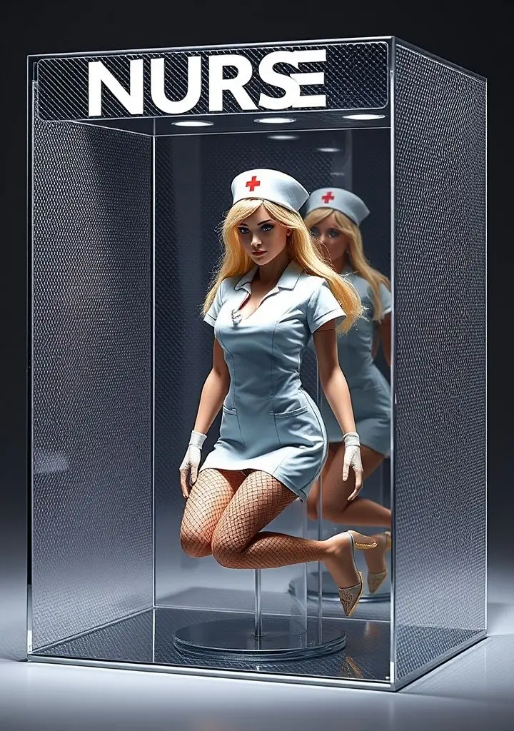 Transparent mesh box with adult nurse doll inside, labeled 'NURSE'.
