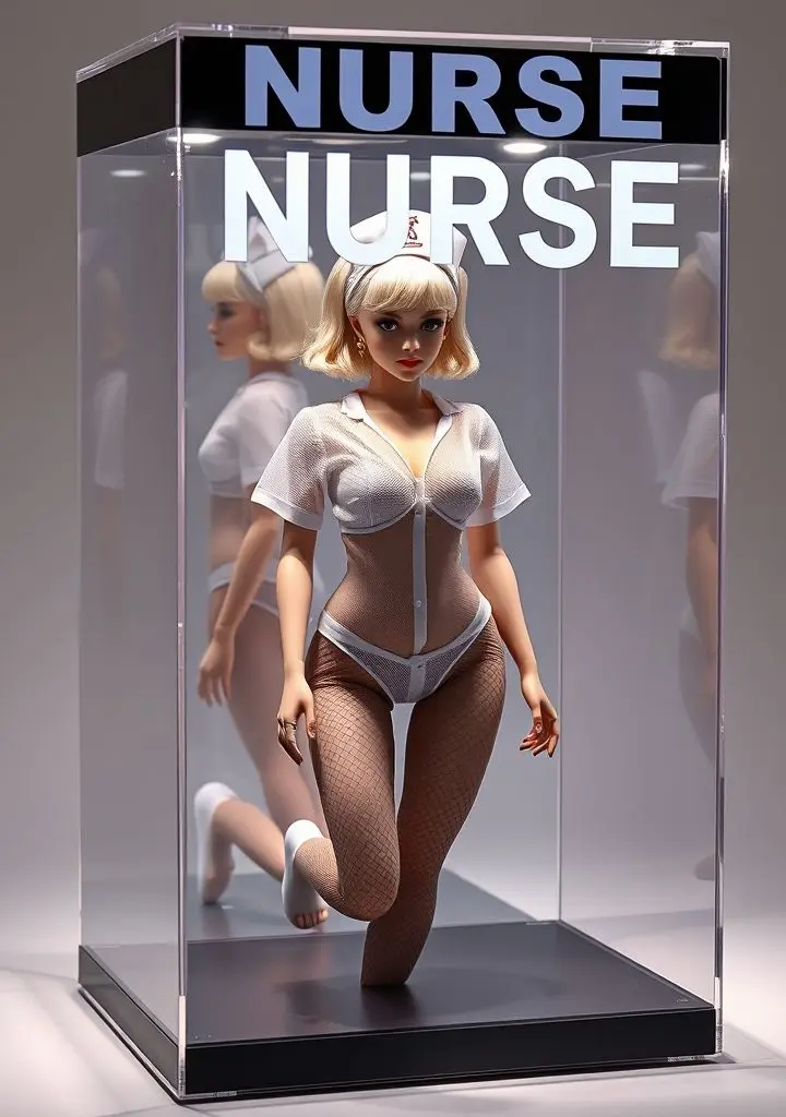 Transparent nurse doll in advertising display case.
