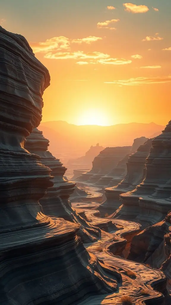 Advanced battery technology integrated into a southern landscape at dawn, showcasing geological formations with intricate textures and lighting.