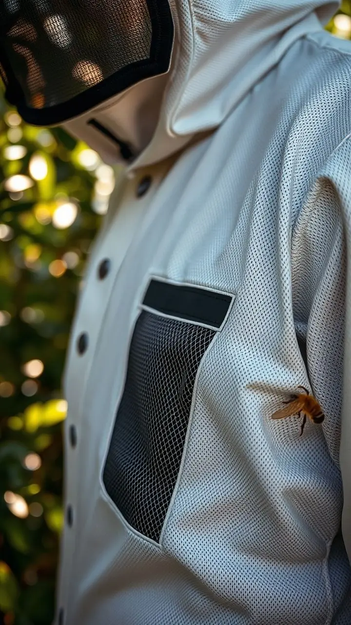 Close-up of beekeeping suit with breathable fabric and mesh panels.