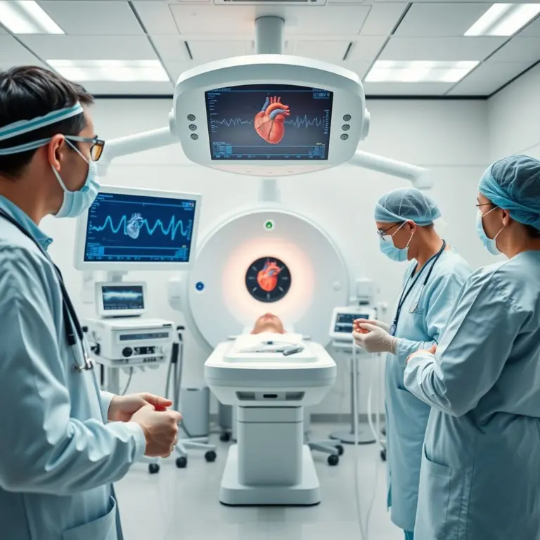 Doctors operating advanced medical equipment in a hospital.