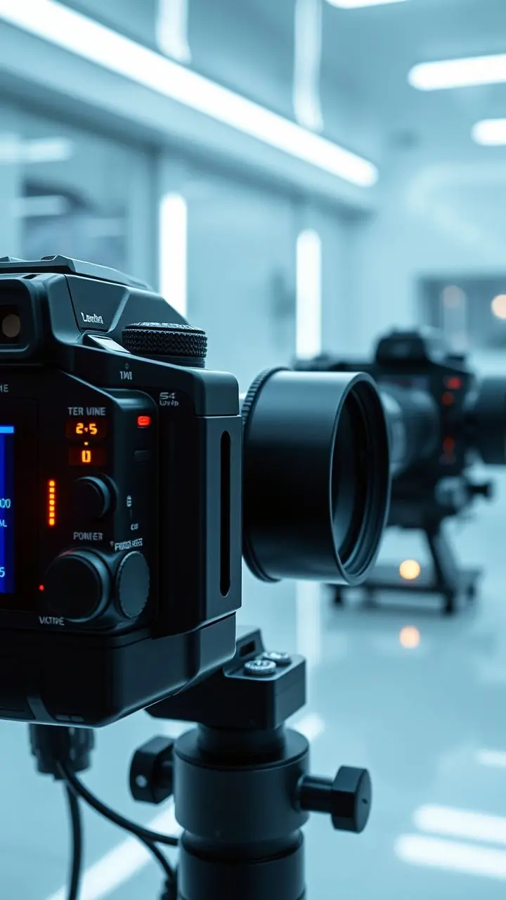 High-tech camera equipment with illuminated displays and dials for exposure adjustment.