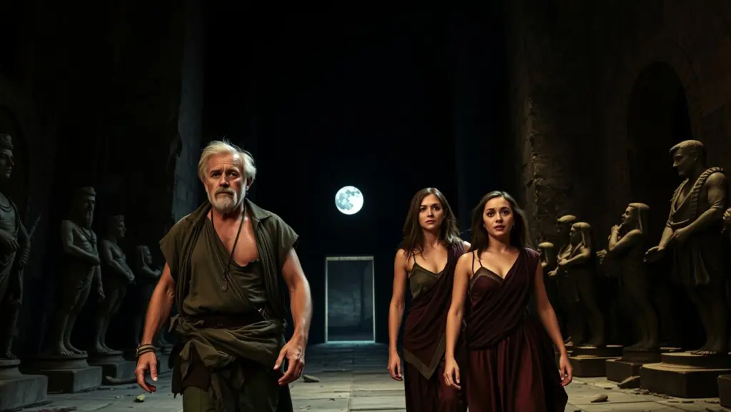 Vico, Marco, and Lucia emerge into an ancient, relic-filled chamber under moonlight.