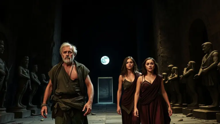 Vico, Marco, and Lucia emerge into an ancient, relic-filled chamber under moonlight.