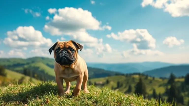 Pug dog exploring a green mountain scene.