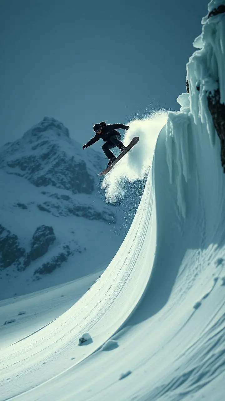 Snowboarder Juan in mid-air, halfpipe, studio lighting, grainy effect.