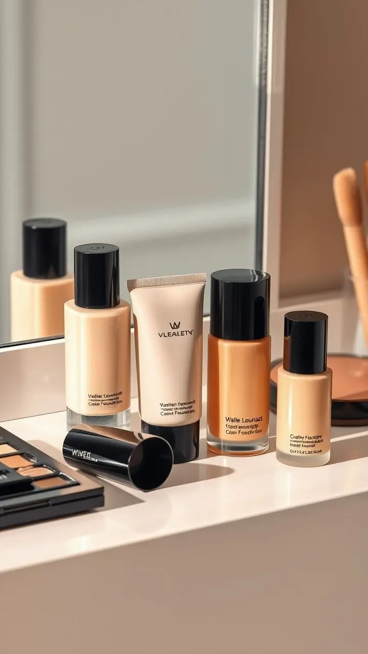 Painterly realism image of liquid foundations on a vanity.