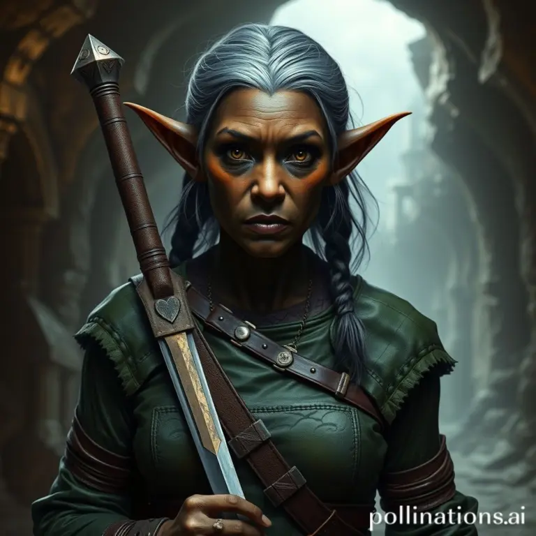 Elderly black-skinned elf with dagger in underground city.