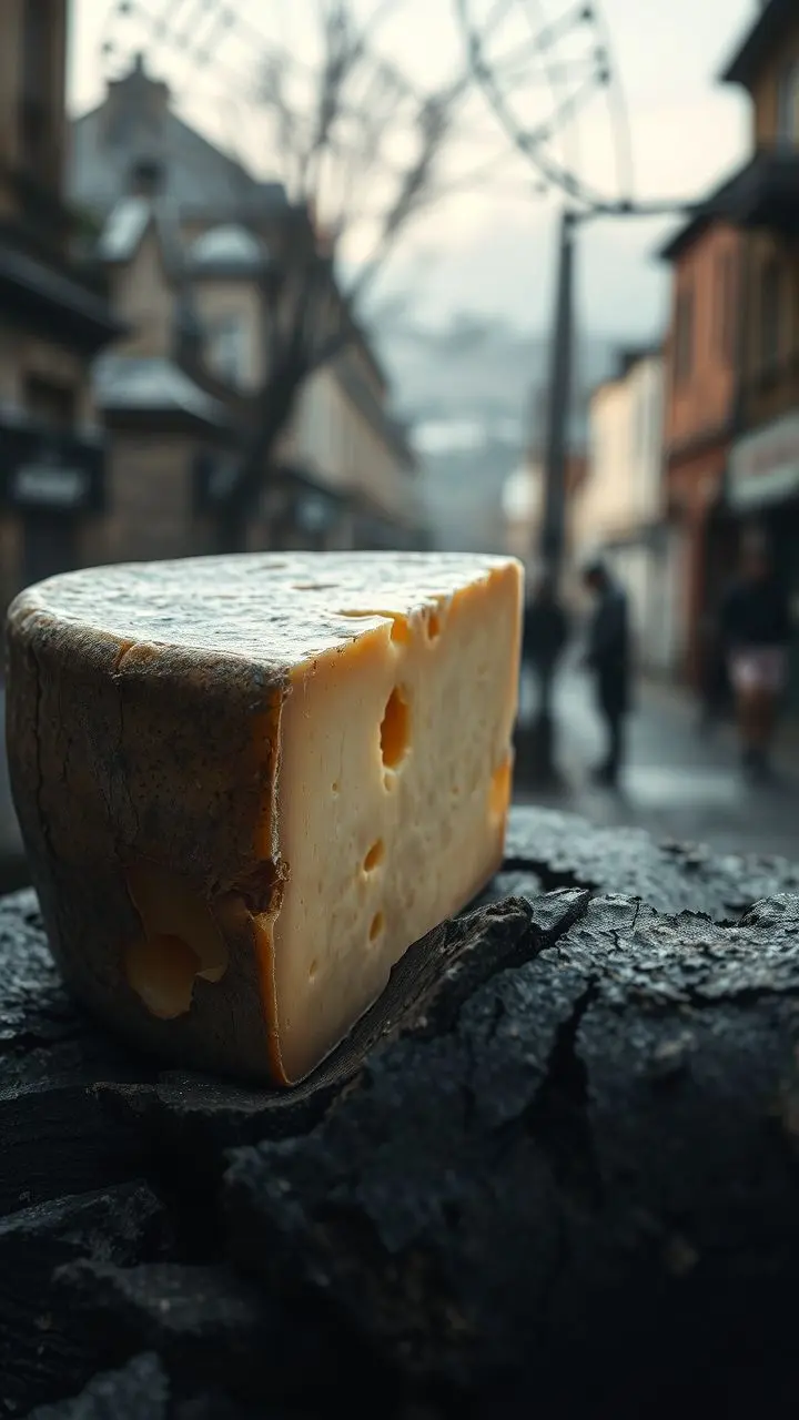 Aged cheese and bark with Bristol cityscape backdrop.