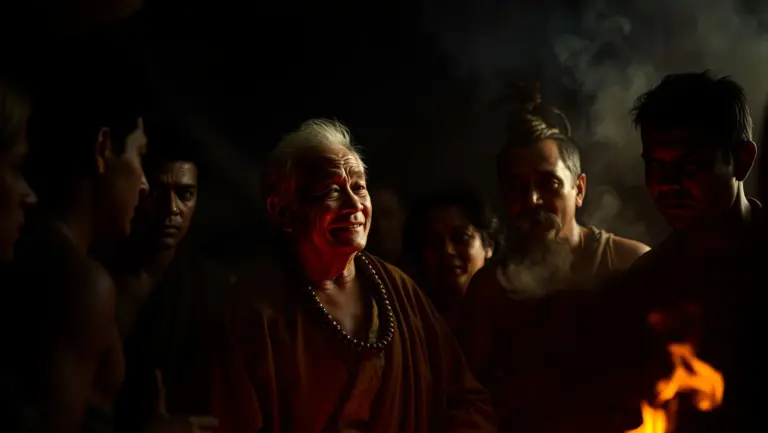 Elderly man Ahau in traditional robes smiles and nods in a smoky, dimly lit environment.