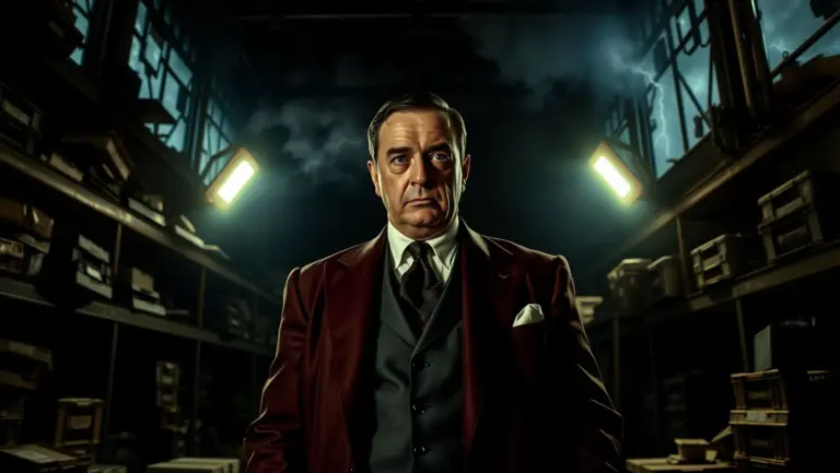 Al Capone in a vintage suit inside a cluttered warehouse with flickering emergency lights and stormy skies outside.