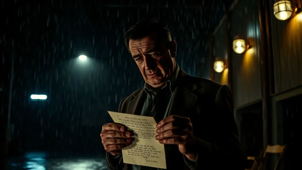 Al Capone reading a letter in a dark, rain-swept warehouse.