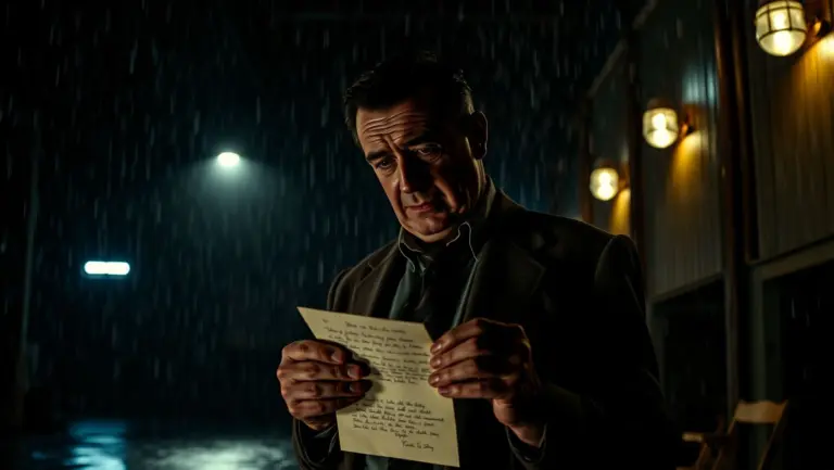 Al Capone reading a letter in a dark, rain-swept warehouse.
