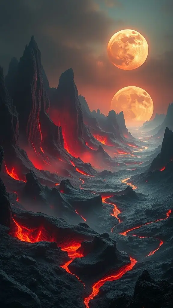 Alien volcanic landscape with lava and moon.