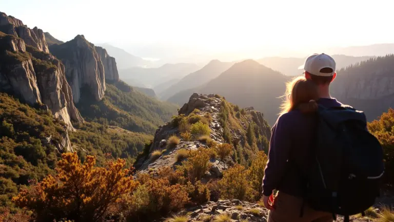 Adventurers admiring mountain vista.