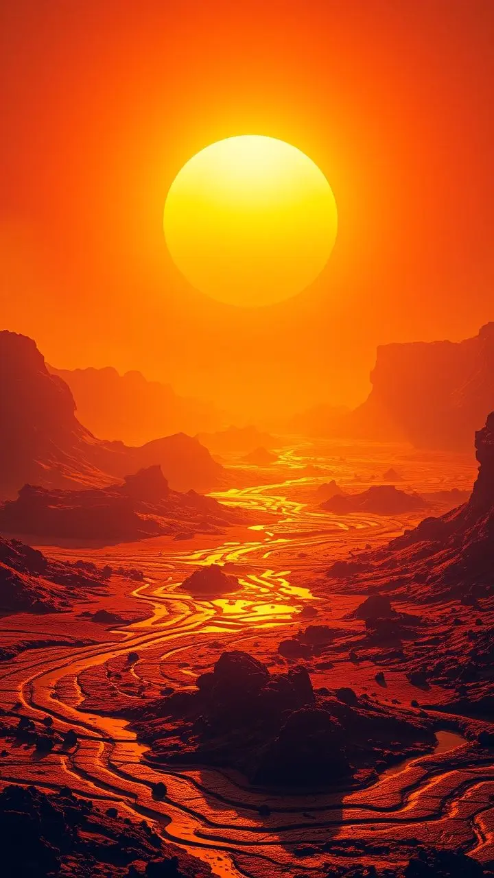 Digital art of a sunlit volcanic landscape with fractal patterns and abstract waveform overlays.