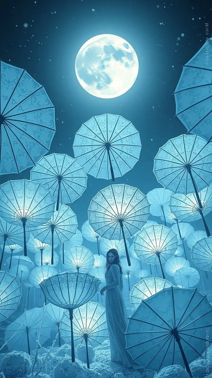 A figure named Amy in a frosty landscape with paper umbrellas under a moonlit sky.