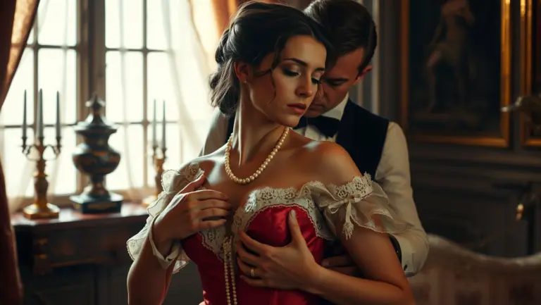 19th-century Russian aristocrat and actress in a room with Victorian decor, soft lighting, pearls falling.