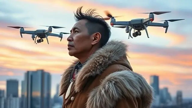 Native American man in parka looking at drones over city.