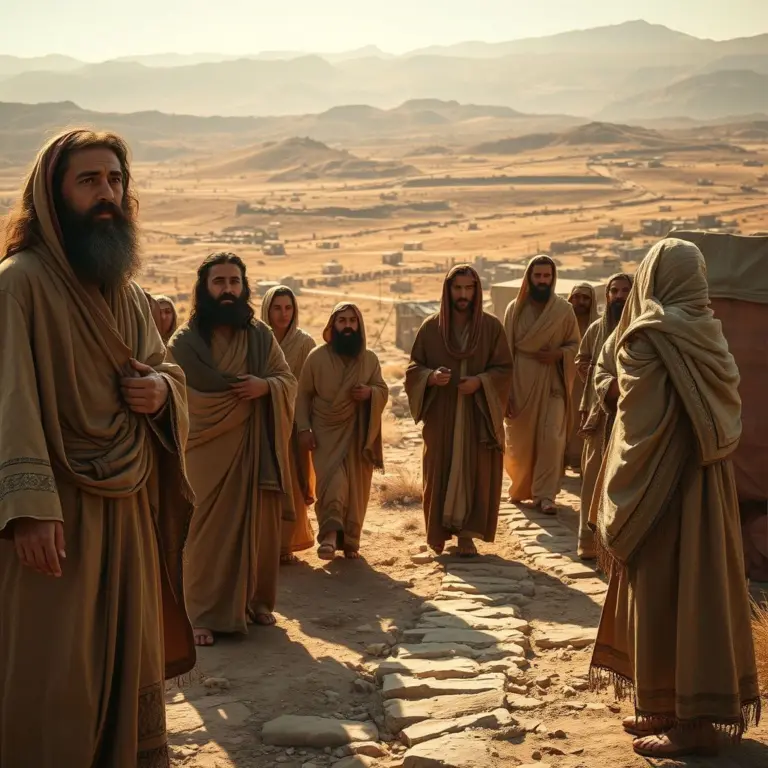 Photorealistic biblical scene with prophets and villagers in Middle Eastern landscape, golden hour lighting.