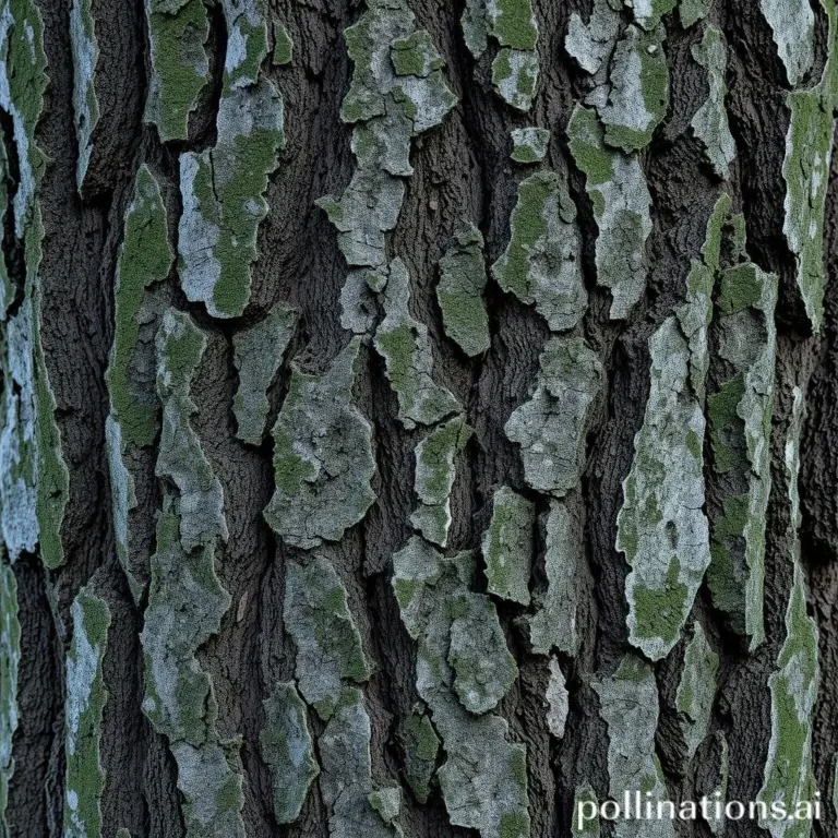 Close-up of ancient tree bark with dark green and silver texture.