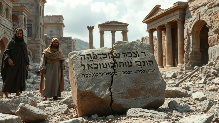 Cracked stone with Hebrew script in a ruined biblical landscape with solemn figures.