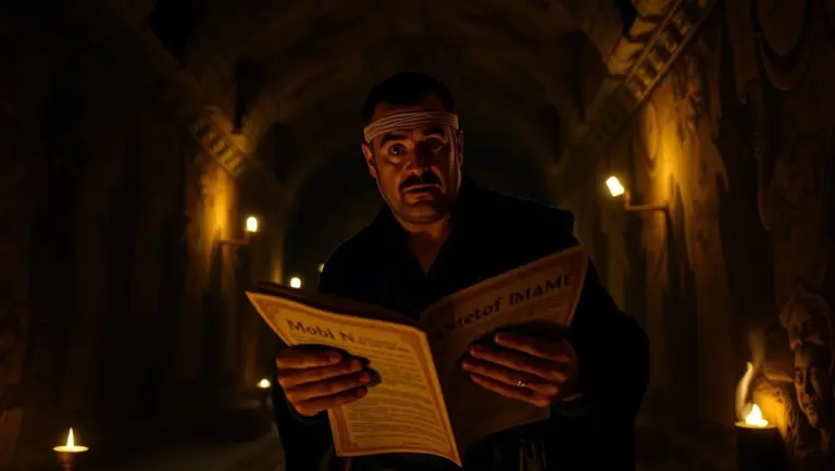 A man in dark gear reads an ancient scroll in a torchlit underground room with Roman figures on the walls.