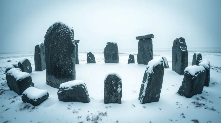 Snow-covered ancient pagan stones in a circle, historical archaeological site.