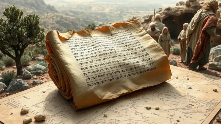 Ancient Hebrew scroll on a Jerusalem map with biblical figures.