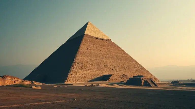 Ancient people looking at Great Pyramid under a gradient sky.