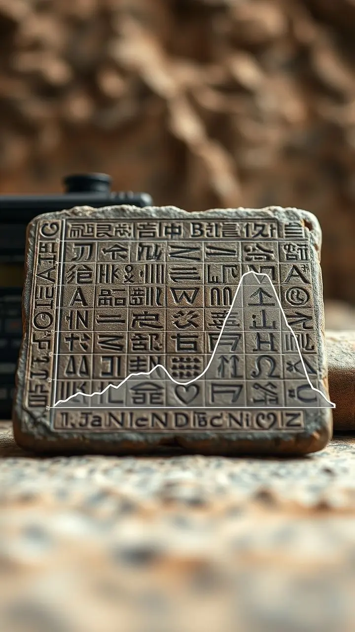 Ancient tablet and JVC recorder with a mold count graph and comic ink style.