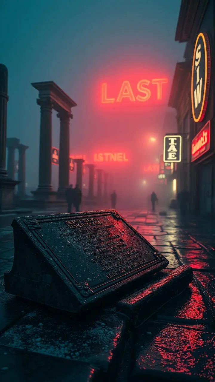 Ancient tablet in foggy Istanbul ruins with neon lights.