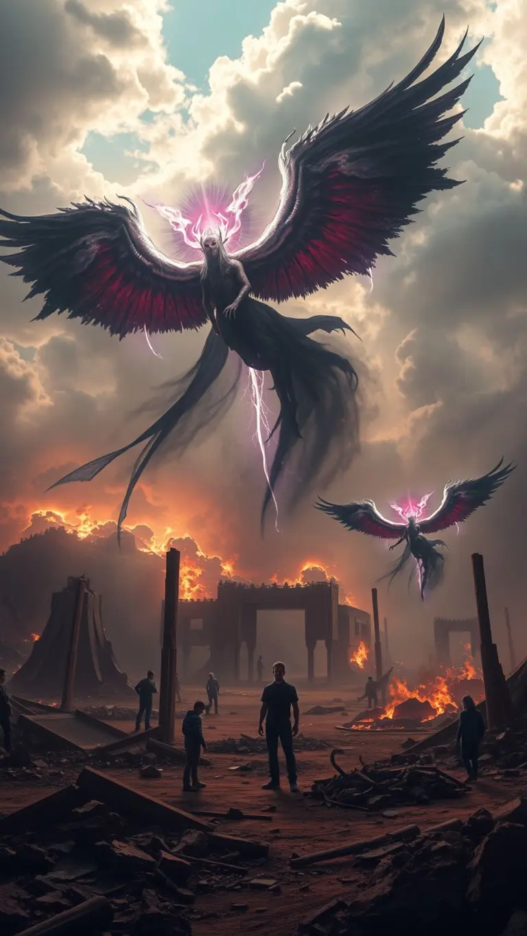 Angelic and demonic beings with wings clashing in a ruined wasteland.