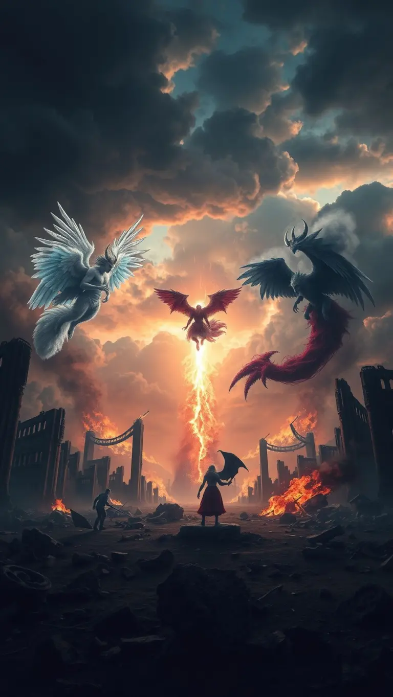 Angelic and demonic beings fighting with wings and glowing auras in a destroyed city.