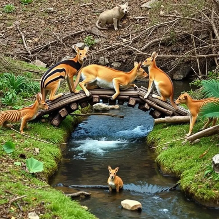 Animals building a bridge over a stream.
