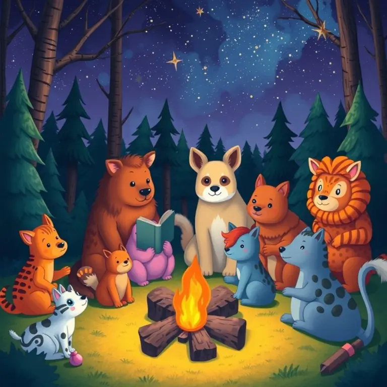 Animals sharing stories at a campfire