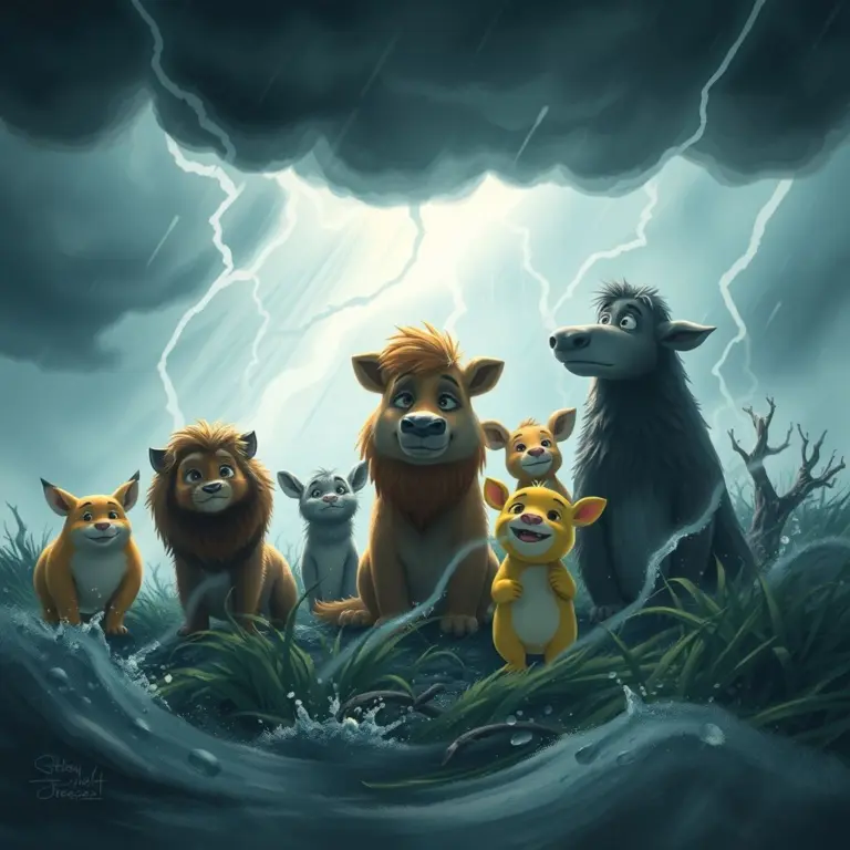 Animal friends seeking shelter from a storm.