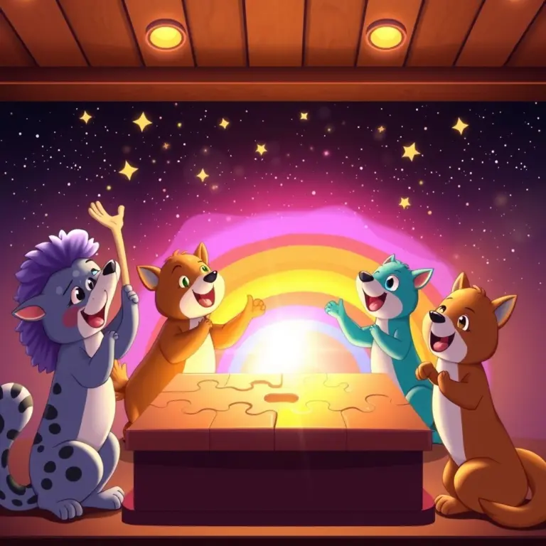 Animals completing a puzzle that turns into a rainbow.