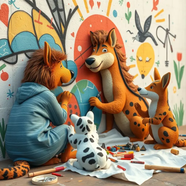 Animal friends painting a large mural together.
