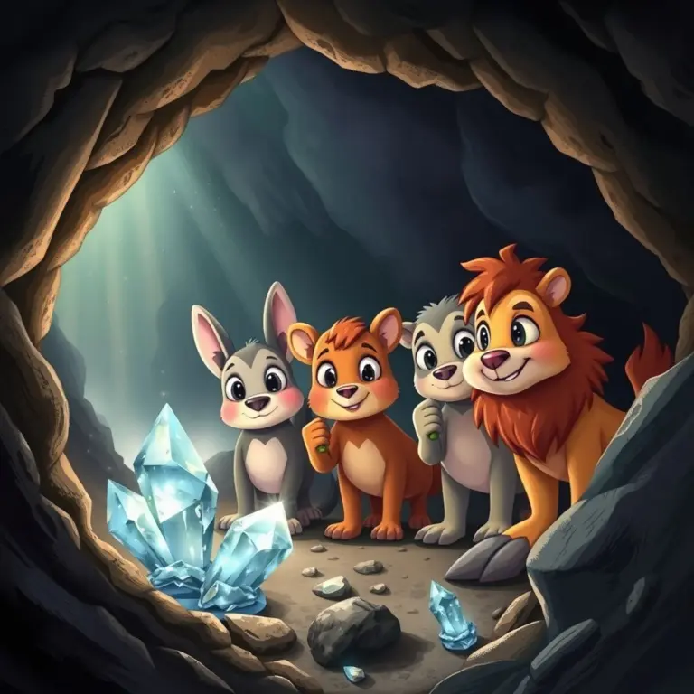 Animals in a cave with glowing crystals.
