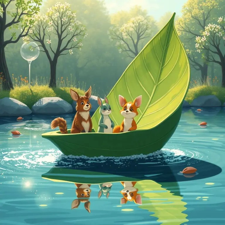 Whimsical scene of animals sailing on a leaf boat across a pond.