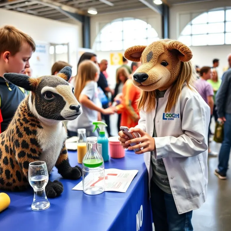 Animals showcasing environmental inventions at a science fair.